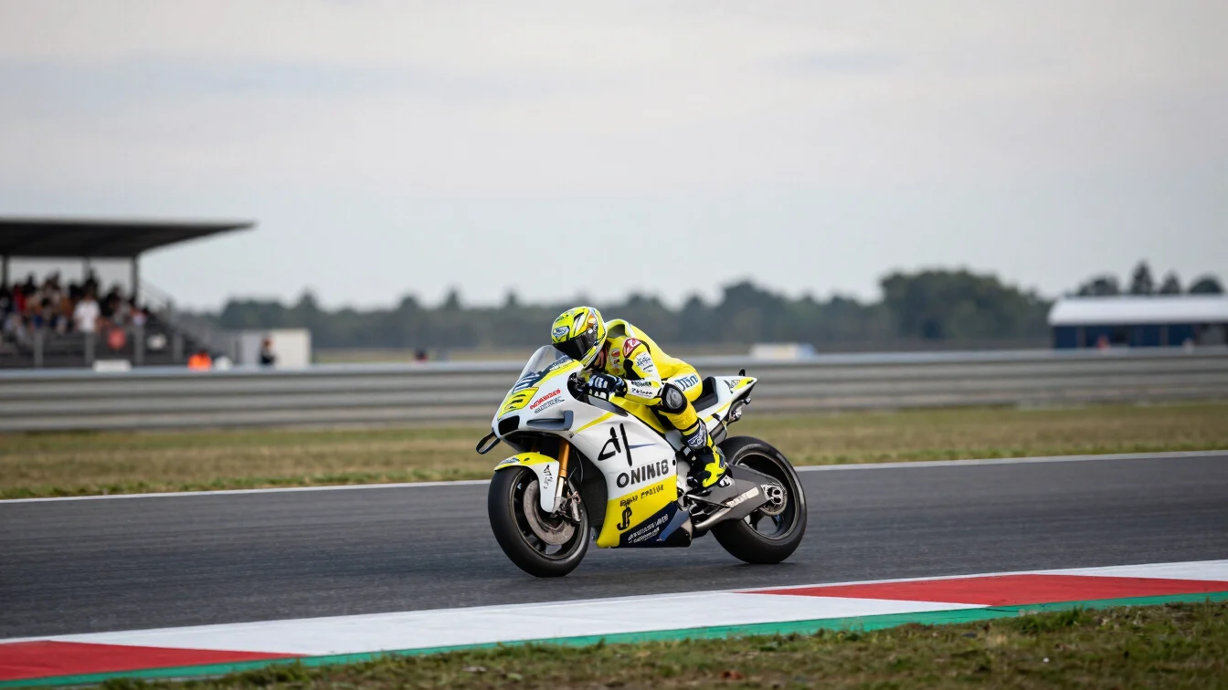 Editorial photograph of MotoGP race motorcycles on a circuit stra
