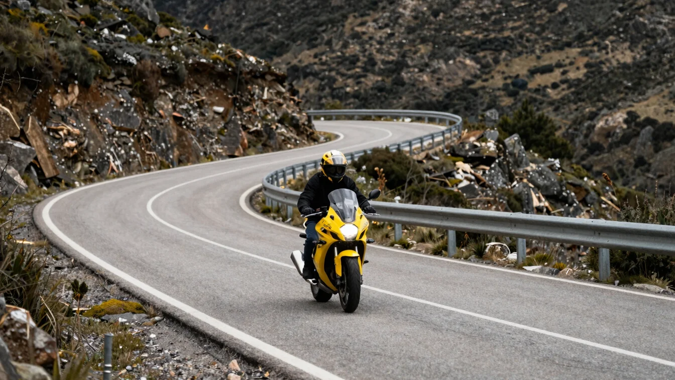 Editorial photograph of a motorcycle on a winding mountain pass r