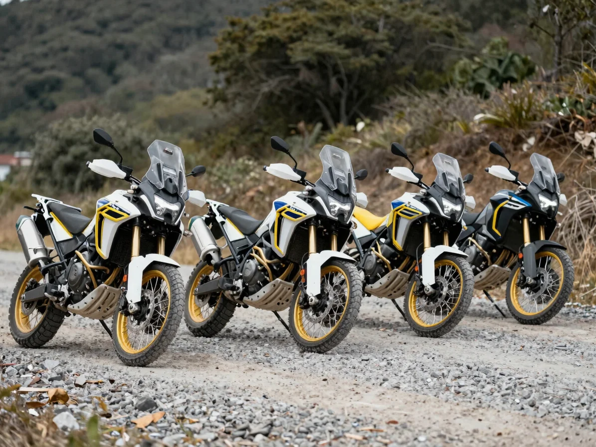 Editorial photograph of several adventure motorcycles from differ