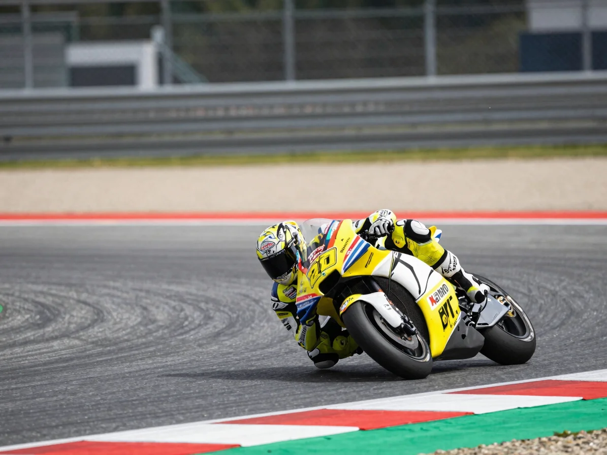 Editorial photograph of a MotoGP rider leaning into a corner on a