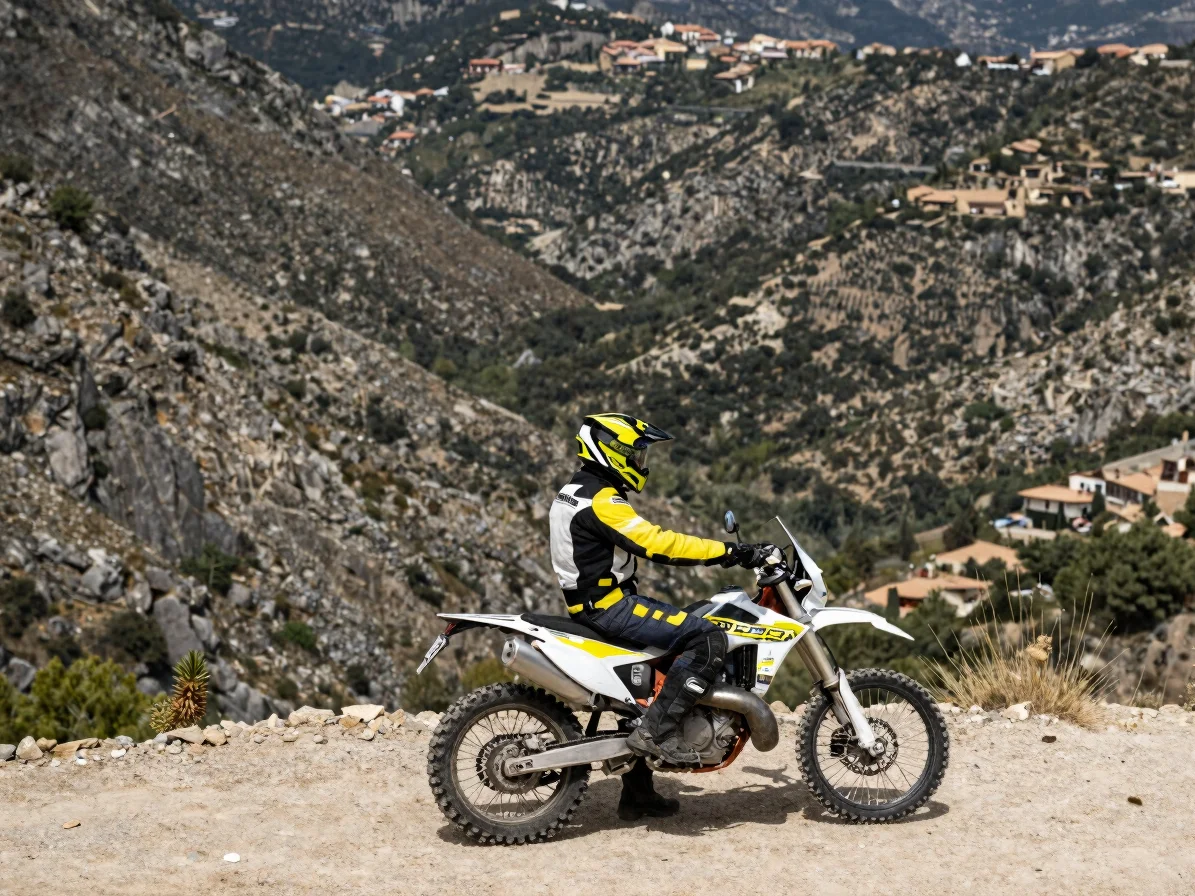 Editorial photograph of a motorcyclist resting at a viewpoint ove