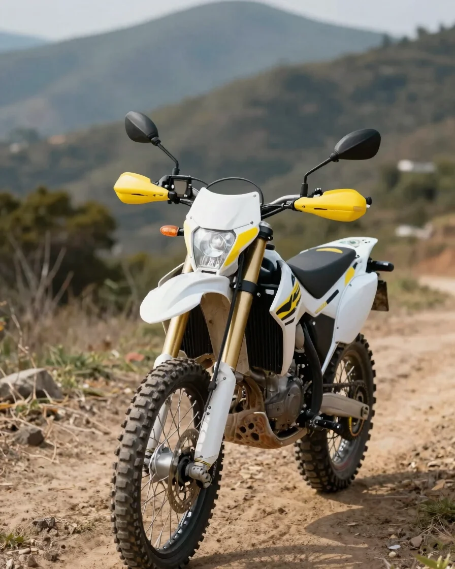 Fotografía editorial de detalle de una moto trail en un camino de tierra en luz natural, con el manillar y el cuadro de