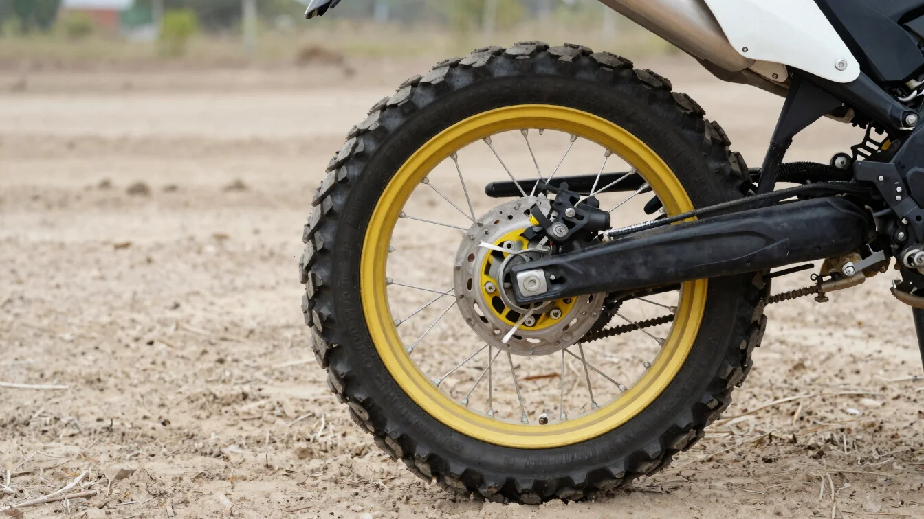 Detalle editorial de la banda de rodadura de un neumático de moto