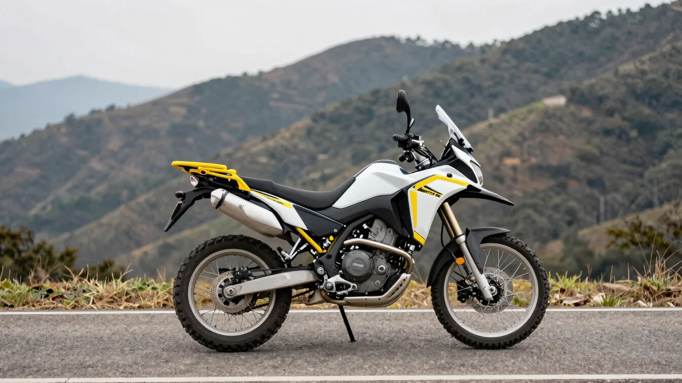 Maletas laterales rígidas montadas en una moto trail sobre una ca