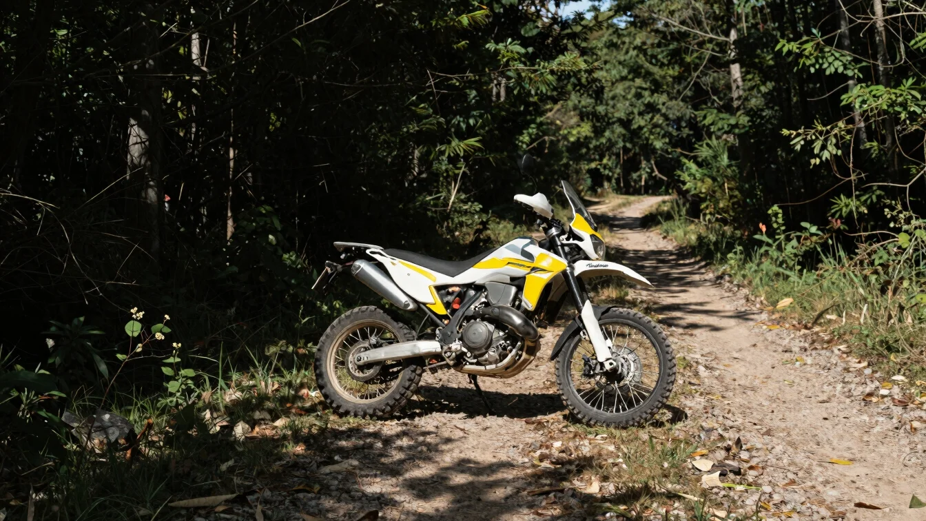 Editorial photograph of a trail motorcycle parked beside a forest